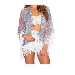Show Me Your Mumu Kimono L Multicolored  Sheer Crochet Fringe Beach Cover-Up